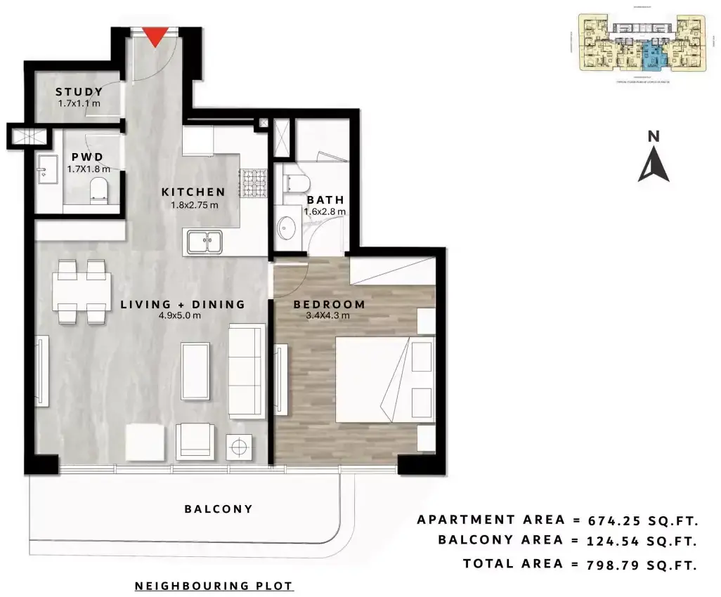 Планировка — 1-спальная, 74 м²