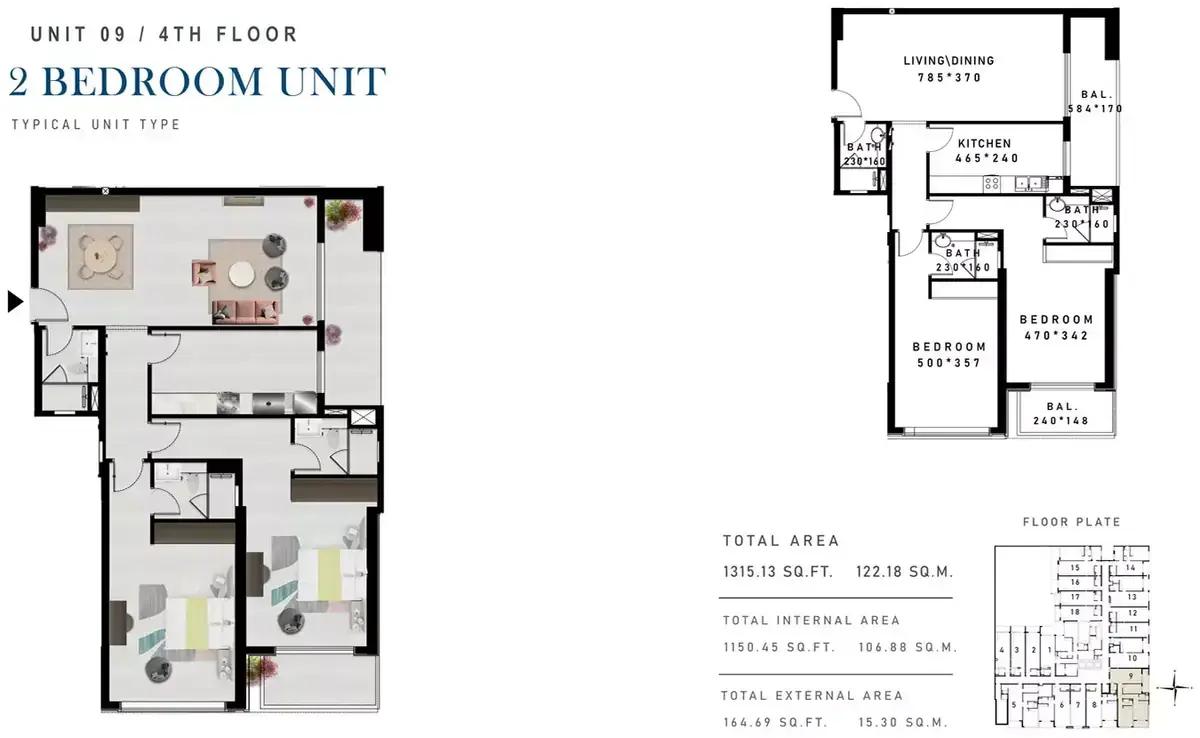 Планировка — 2-спальная, 122 м²
