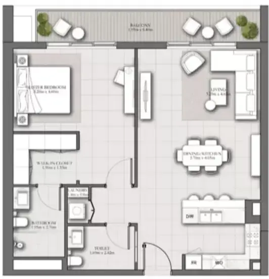 Планировка — 1-спальная, 96 м²