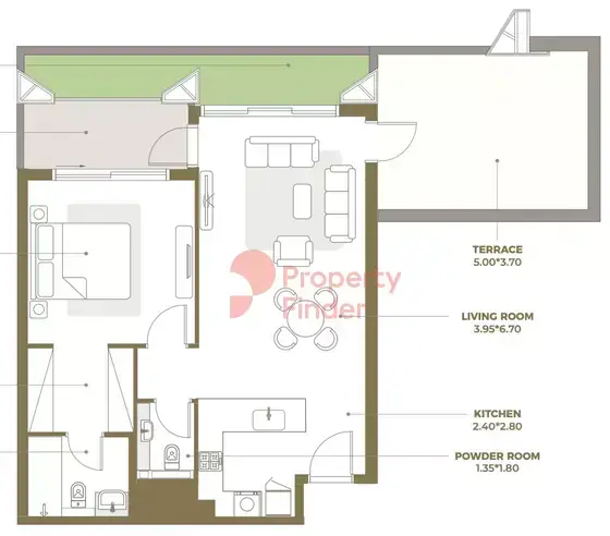 Планировка — 1-спальная, 109 м²