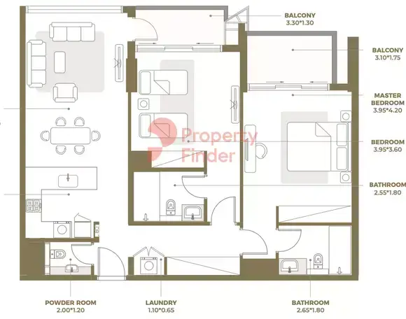 Планировка — 2-спальная, 113 м²