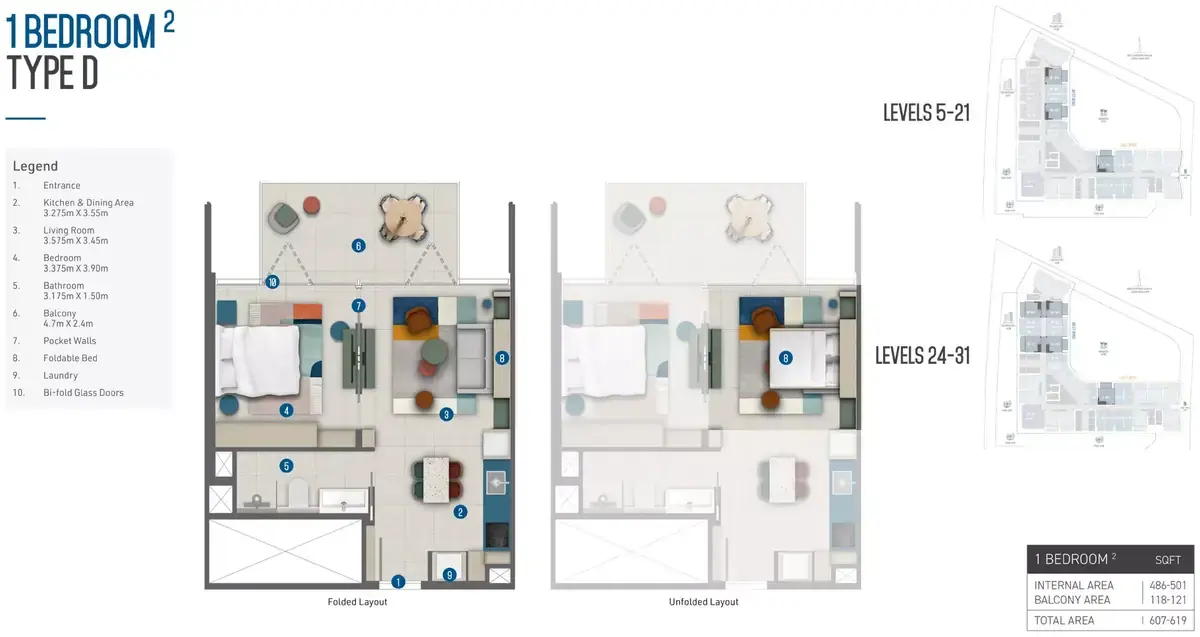 Планировка — 1-спальная, 58 м²