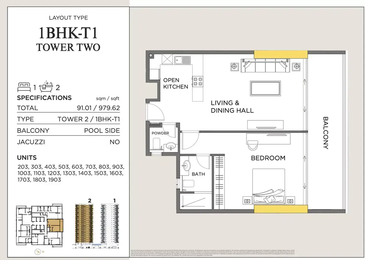 Планировка — 1-спальная, 91 м²