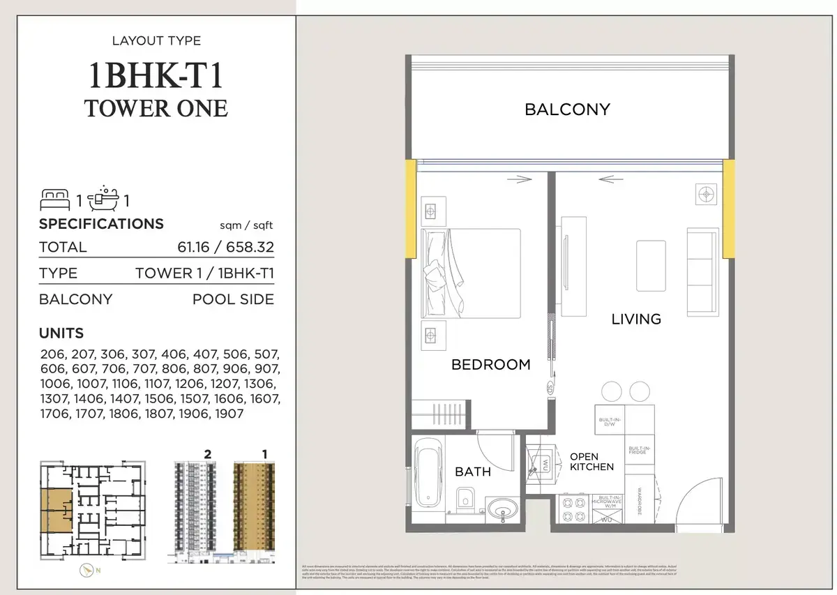 Планировка — 1-спальная, 61 м²