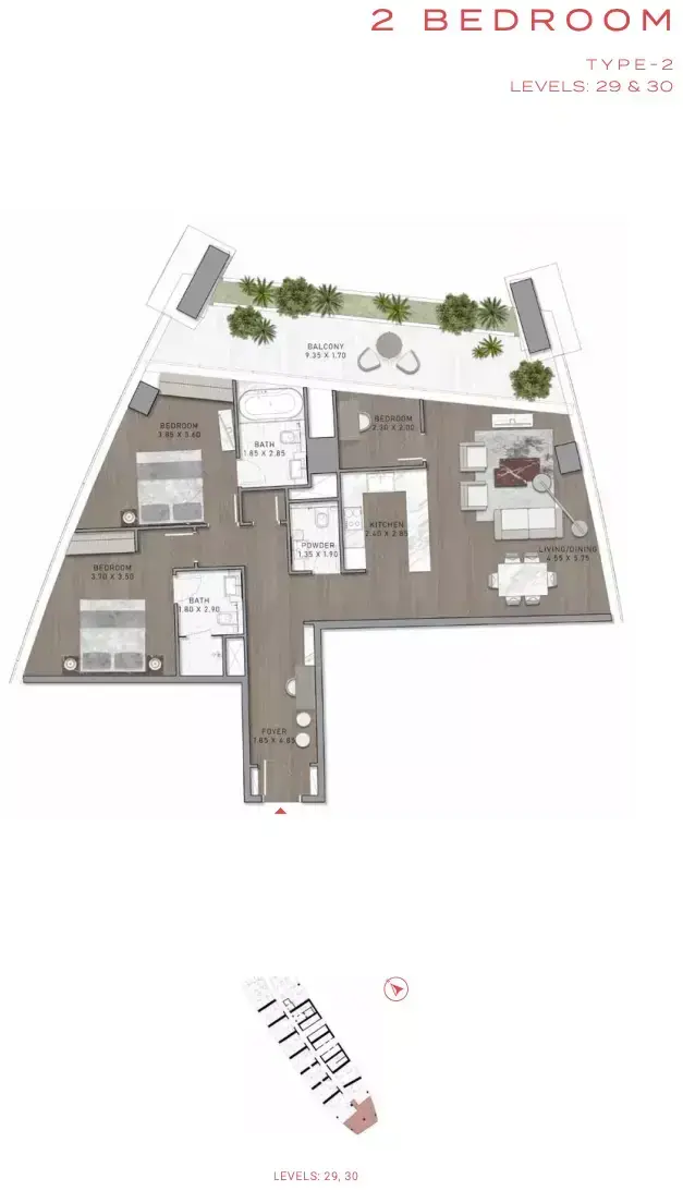 Планировка — 2-спальная, 191 м²