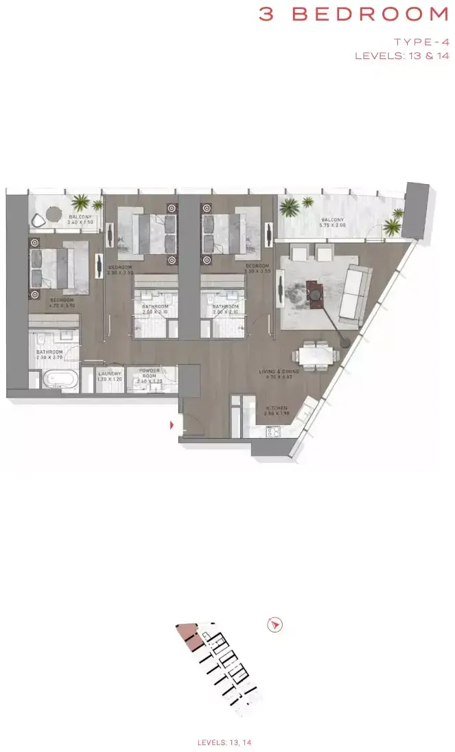 Планировка — 3-спальная, 179 м²