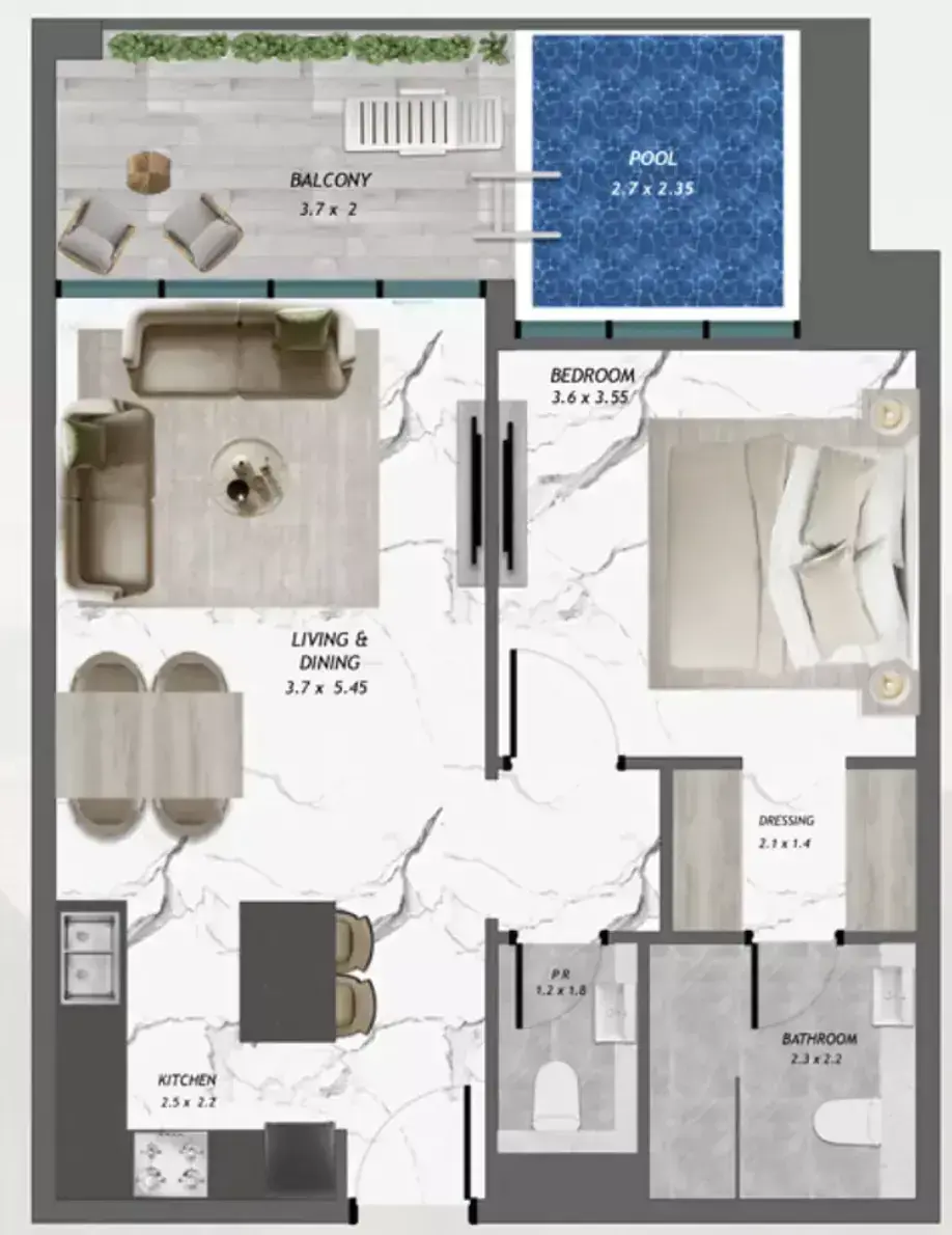 Планировка — 1-спальная, 74 м²