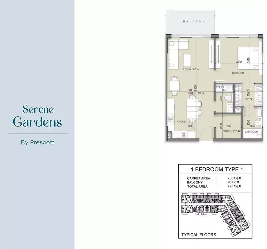 Планировка — 1-спальная, 74 м²