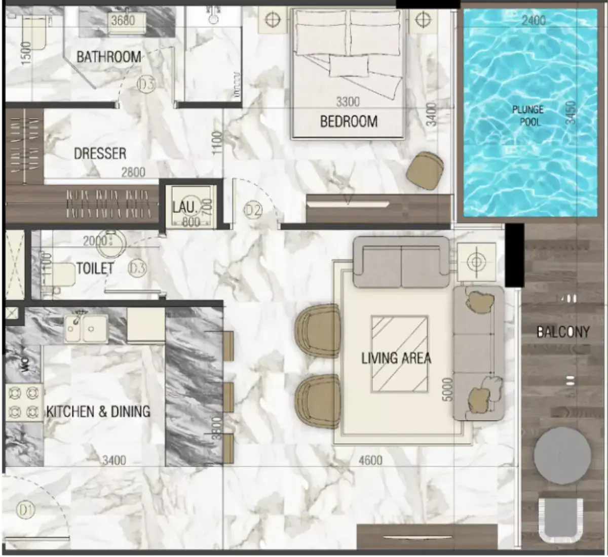 Планировка — 1-спальная, 75 м²