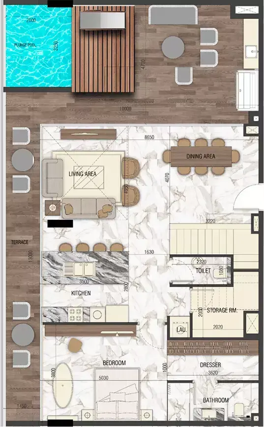 Планировка — 1-спальная, 268 м²