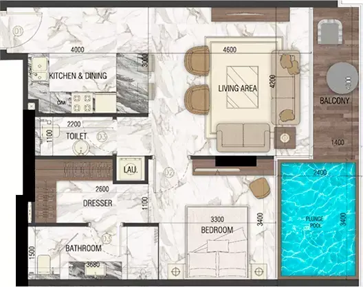 Планировка — 1-спальная, 75 м²