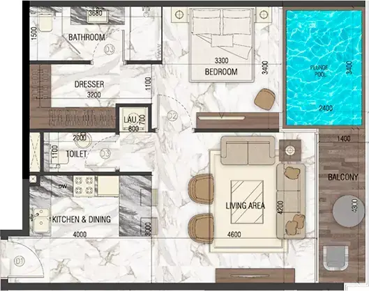 Планировка — 1-спальная, 76 м²
