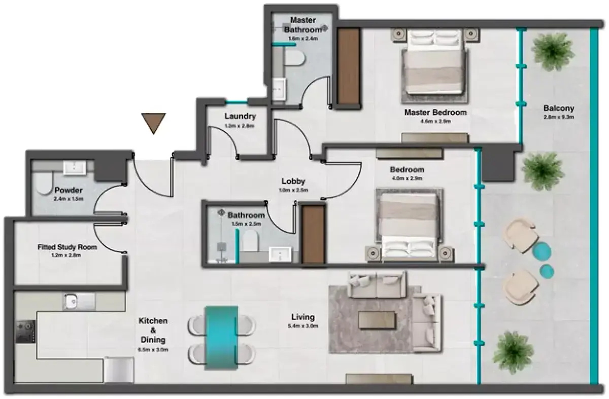 Планировка — 2-спальная, 123 м²