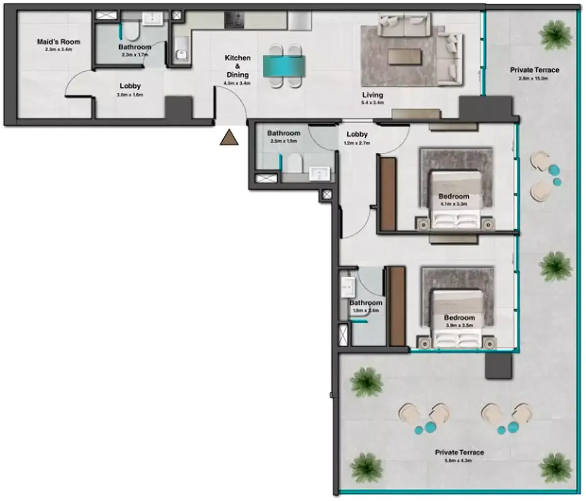 Планировка — 2-спальная, 156 м²