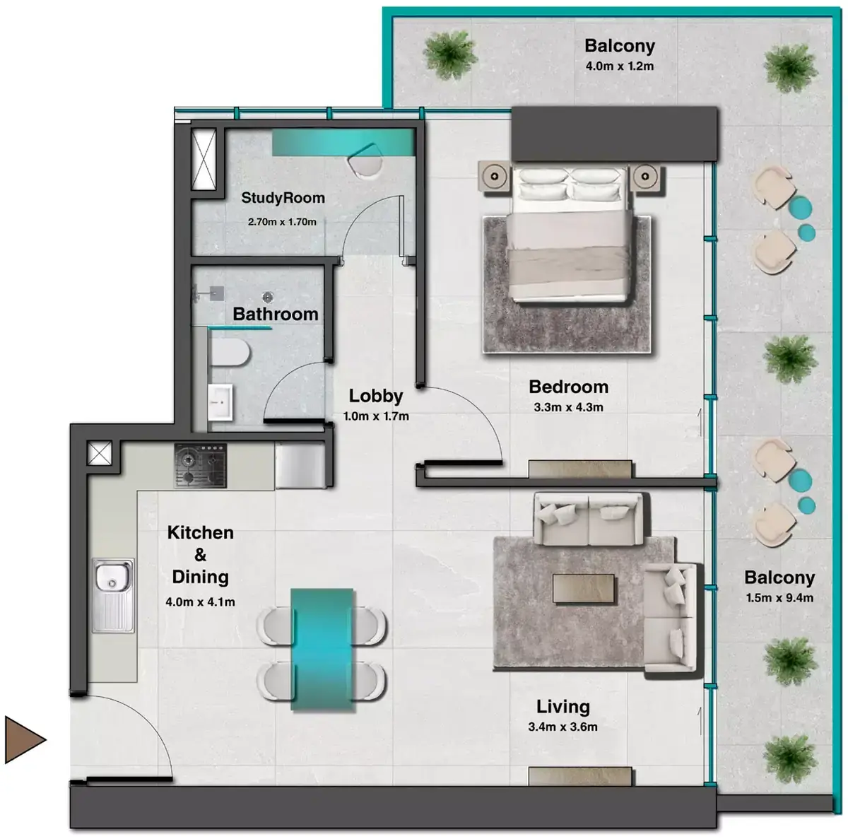 Планировка — 1-спальная, 77 м²