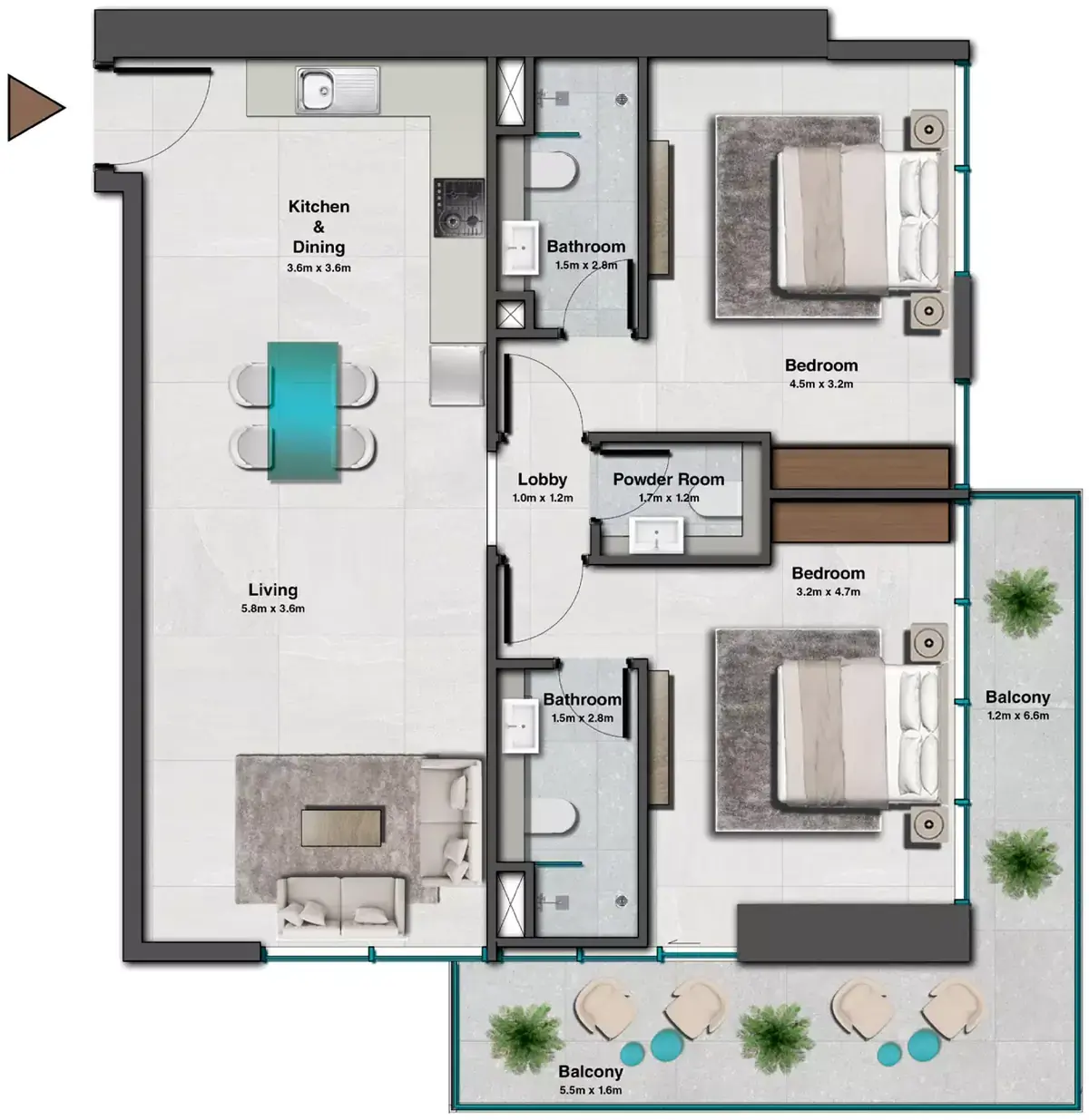 Планировка — 2-спальная, 102 м²