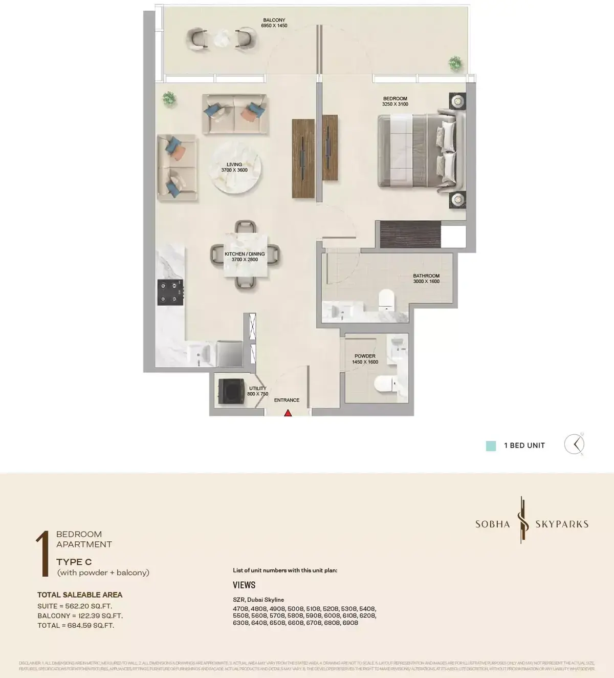 Планировка — 1-спальная, 64 м²