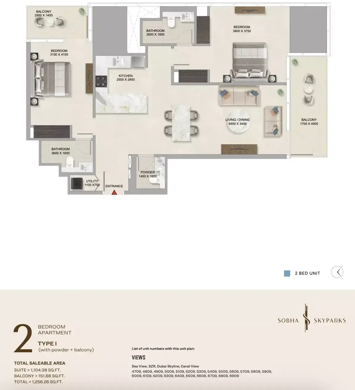 Планировка — 2-спальная, 117 м²