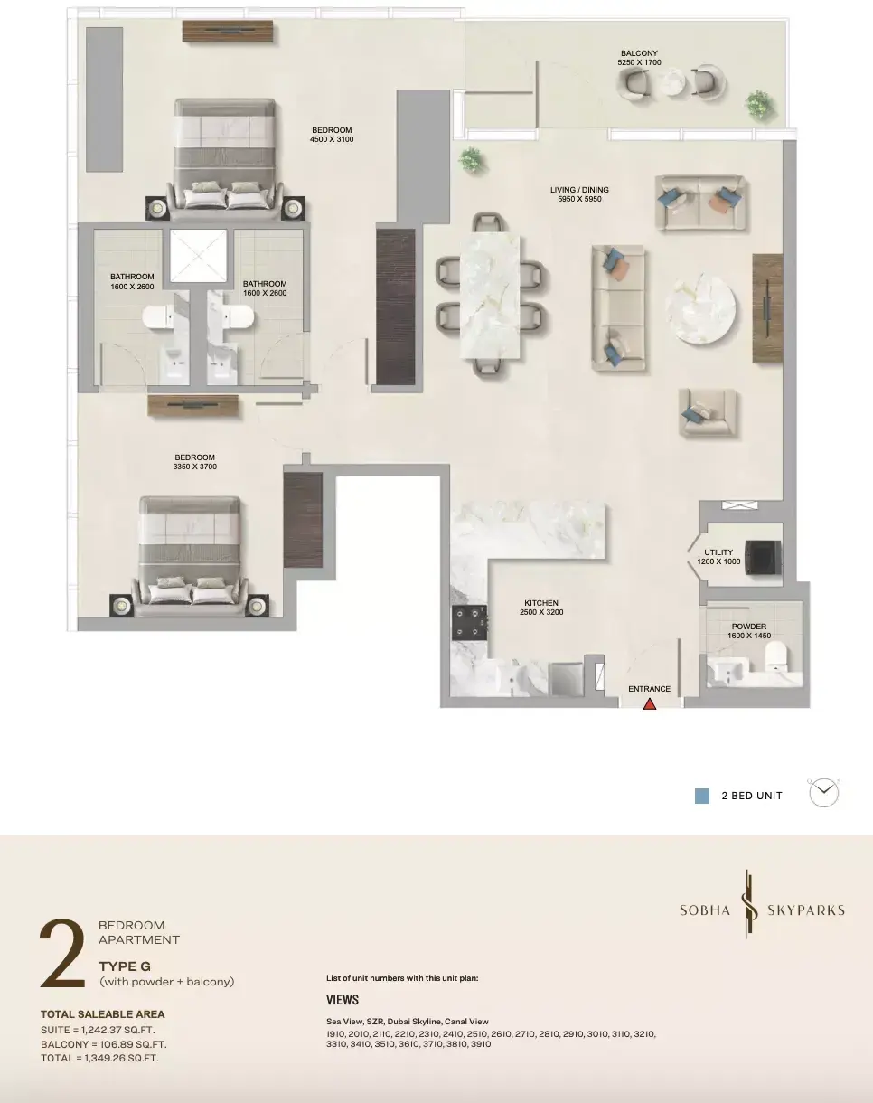 Планировка — 2-спальная, 125 м²