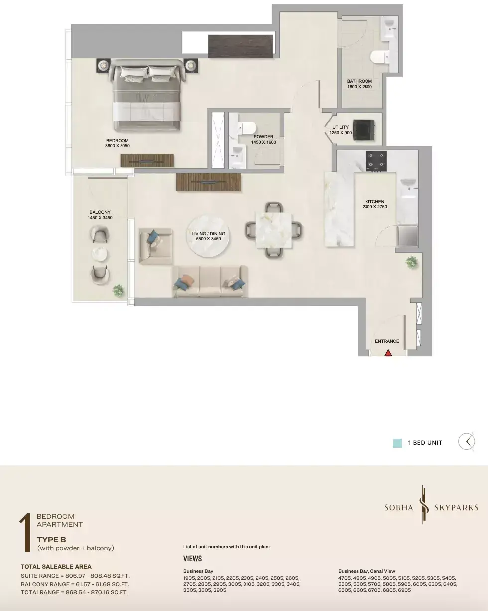 Планировка — 1-спальная, 81 м²