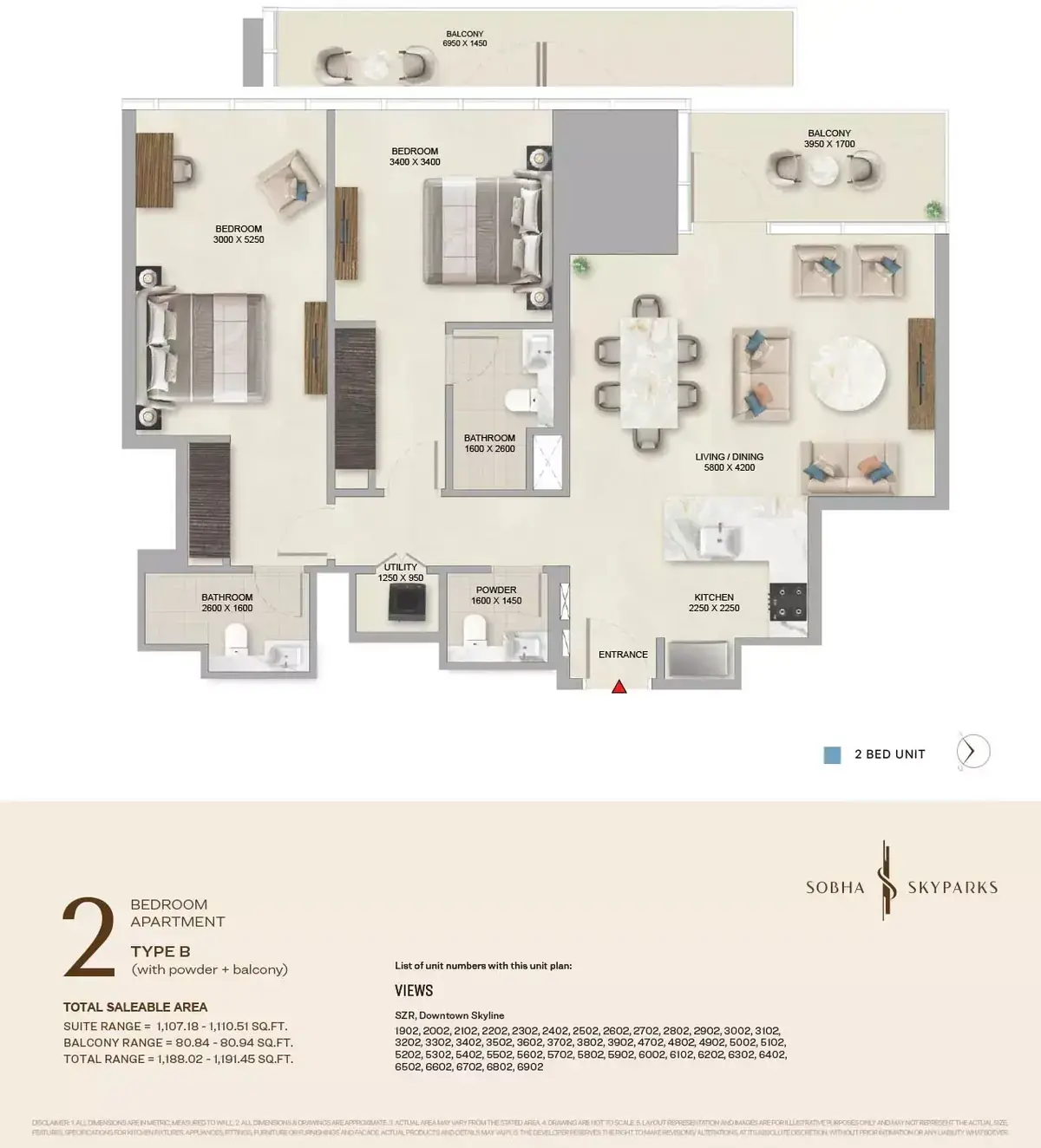 Планировка — 2-спальная, 110 м²