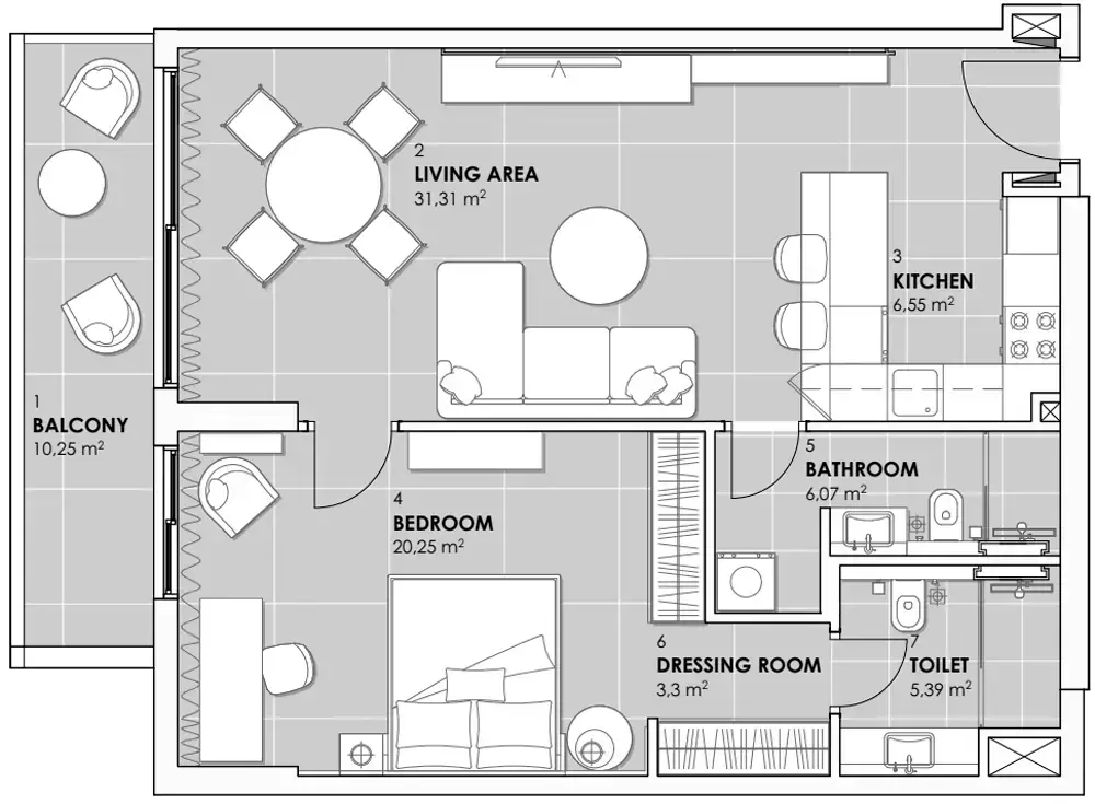 Планировка — 1-спальная, 83 м²