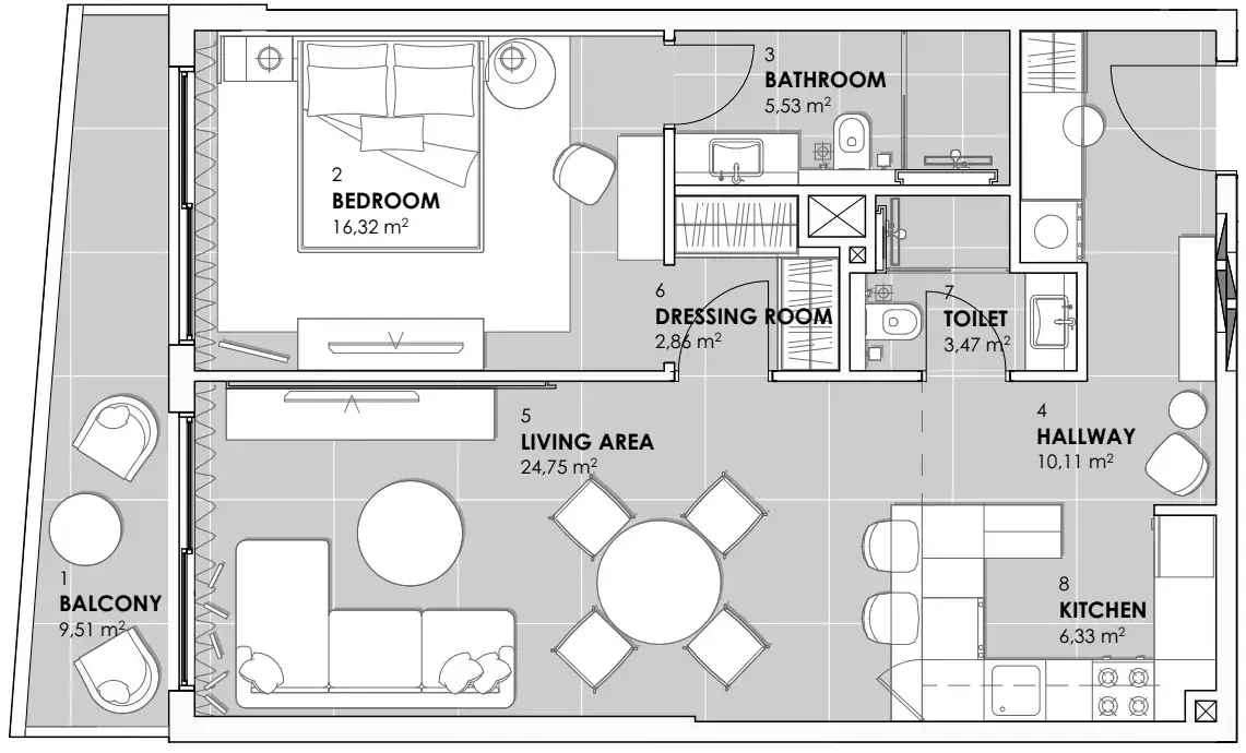 Планировка — 1-спальная, 79 м²