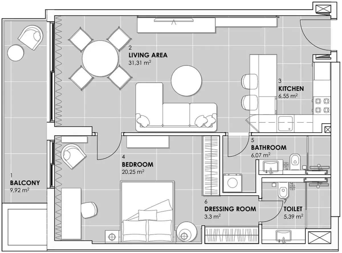 Планировка — 1-спальная, 83 м²