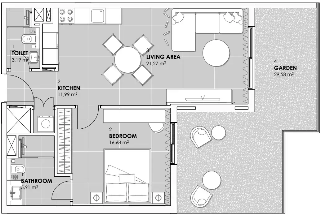 Планировка — 1-спальная, 89 м²