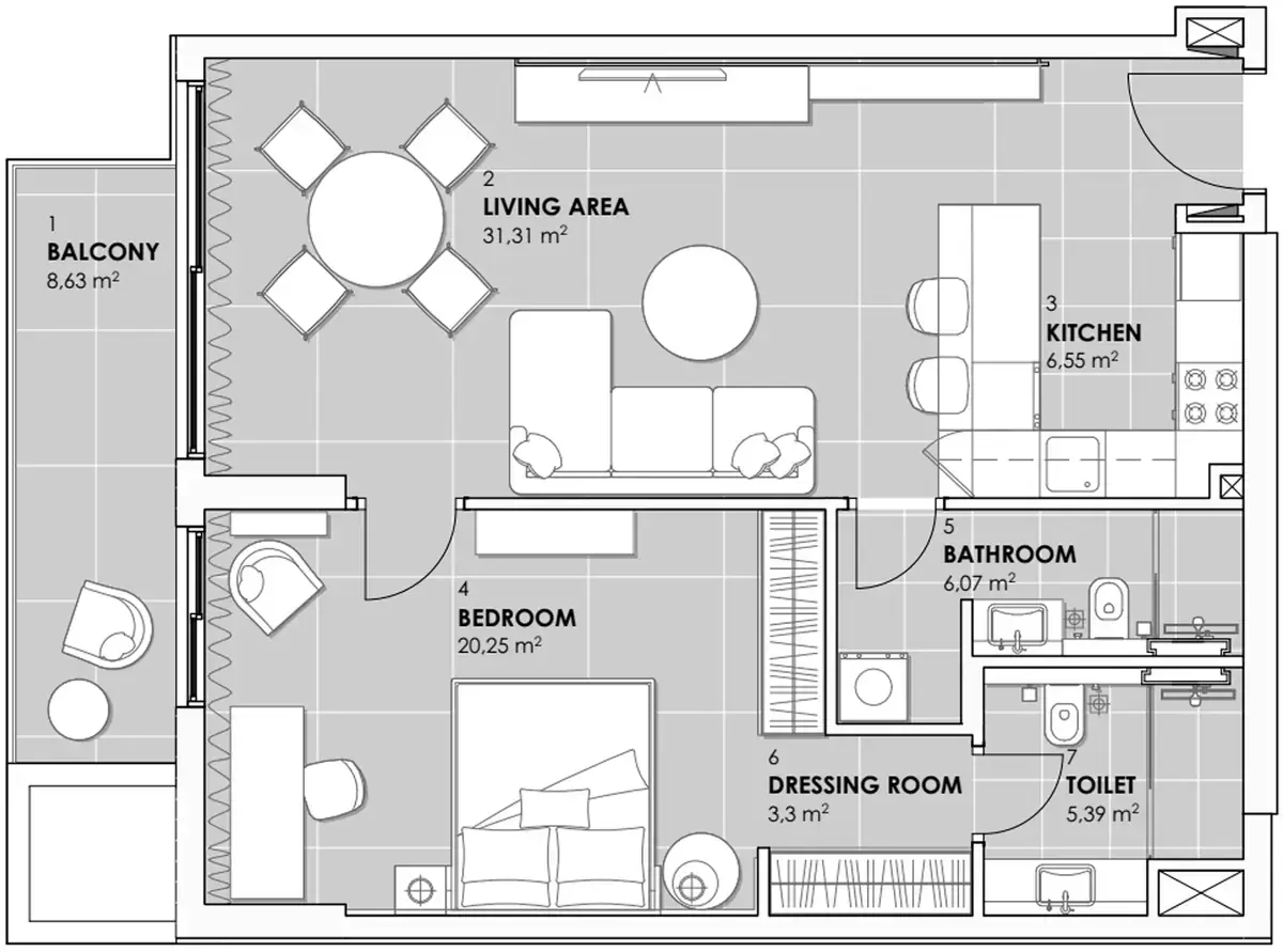 Планировка — 1-спальная, 82 м²