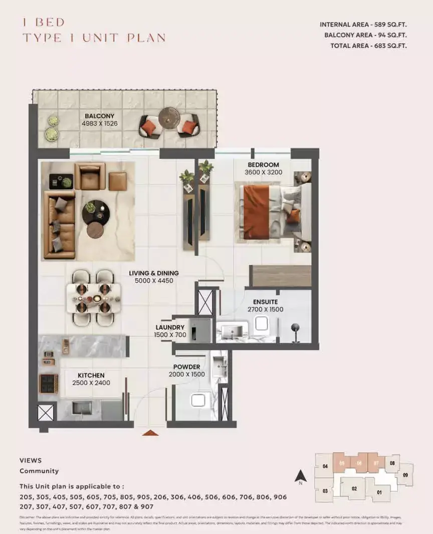 Планировка — 1-спальная, 63 м²