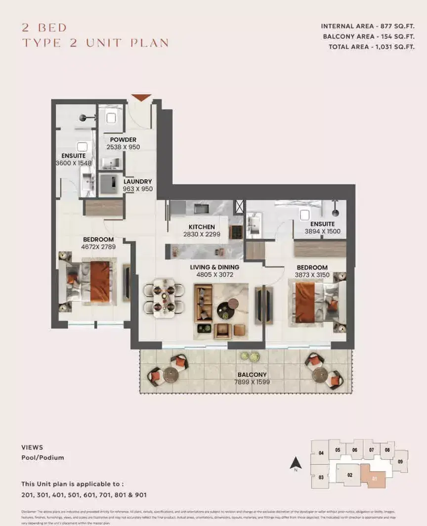 Планировка — 2-спальная, 96 м²