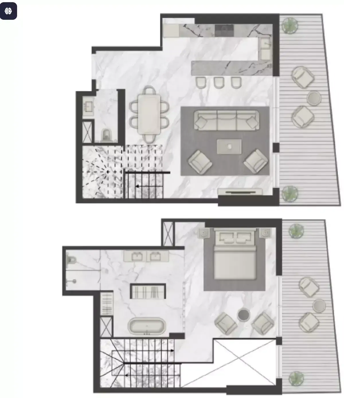 Планировка — 1-спальная, 136 м²