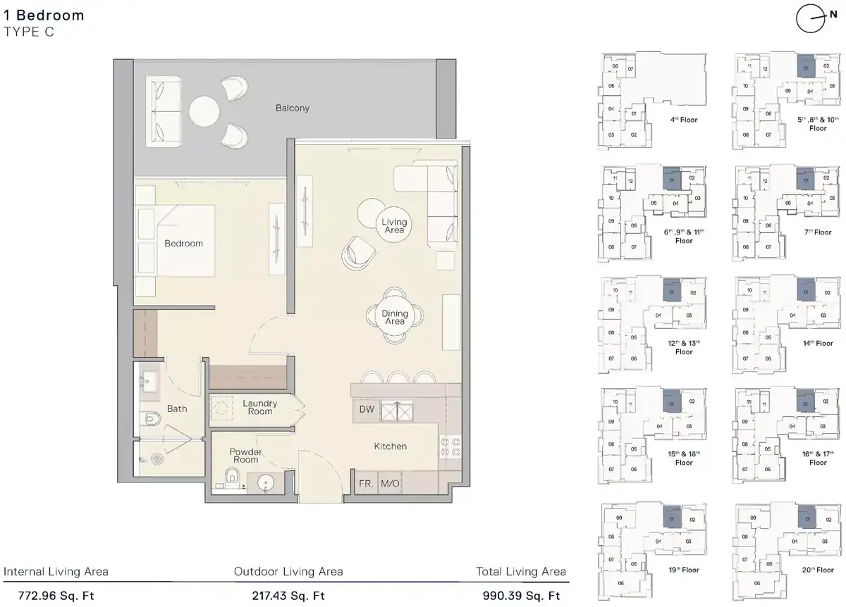 Планировка — 1-спальная, 92 м²