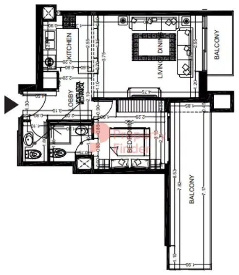 Планировка — 1-спальная, 69 м²