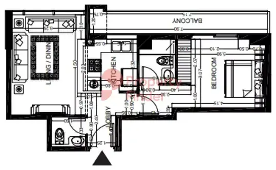 Планировка — 1-спальная, 58 м²
