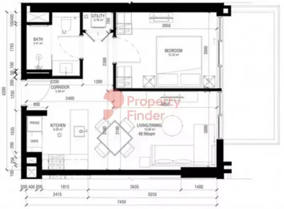 Планировка — 1-спальная, 61 м²