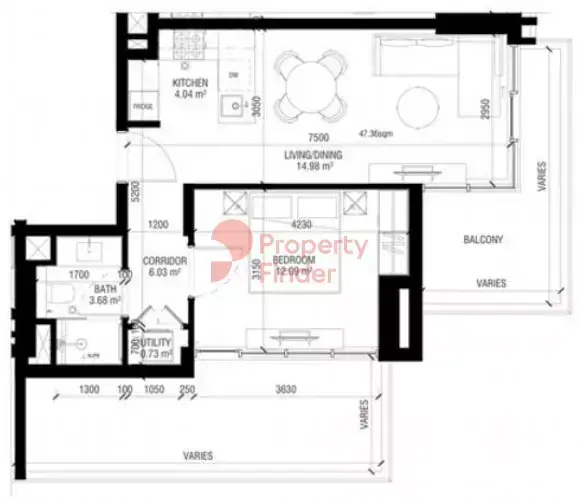 Планировка — 1-спальная, 63 м²