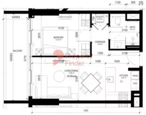 Планировка — 1-спальная, 61 м²