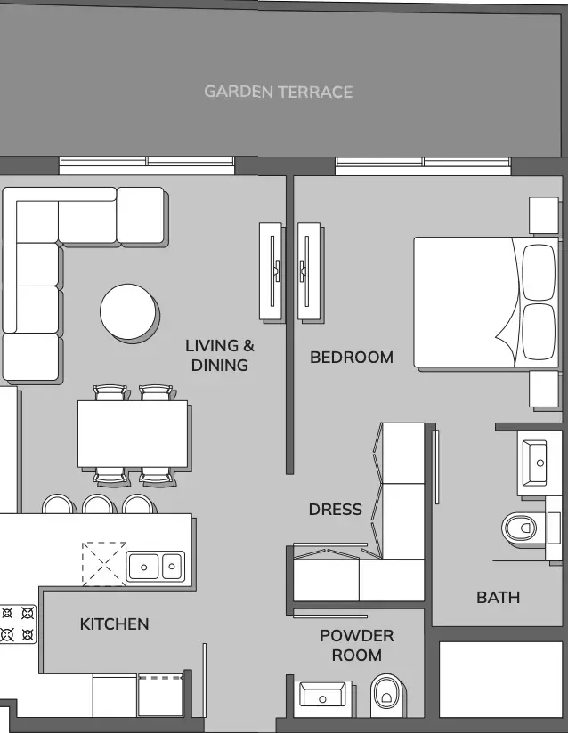Планировка — 1-спальная, 77 м²