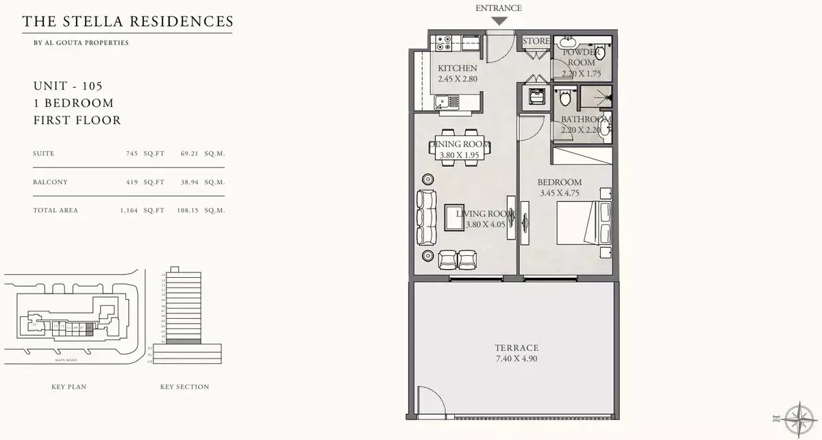 Планировка — 1-спальная, 108 м²
