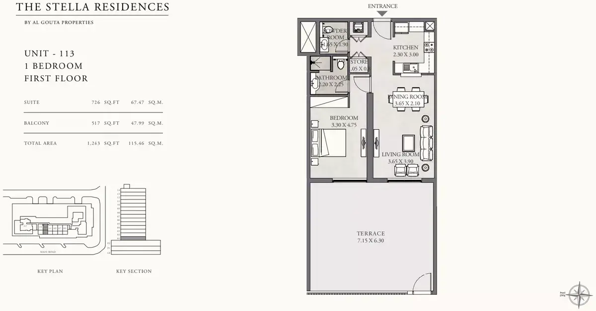 Планировка — 1-спальная, 115 м²