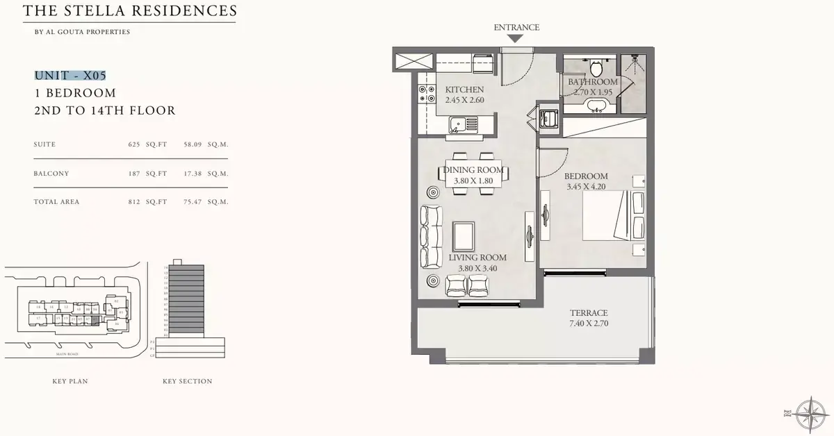 Планировка — 1-спальная, 75 м²