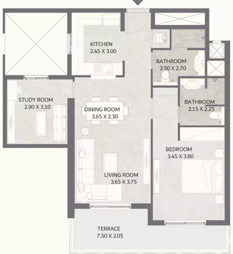Планировка — 1-спальная, 93 м²