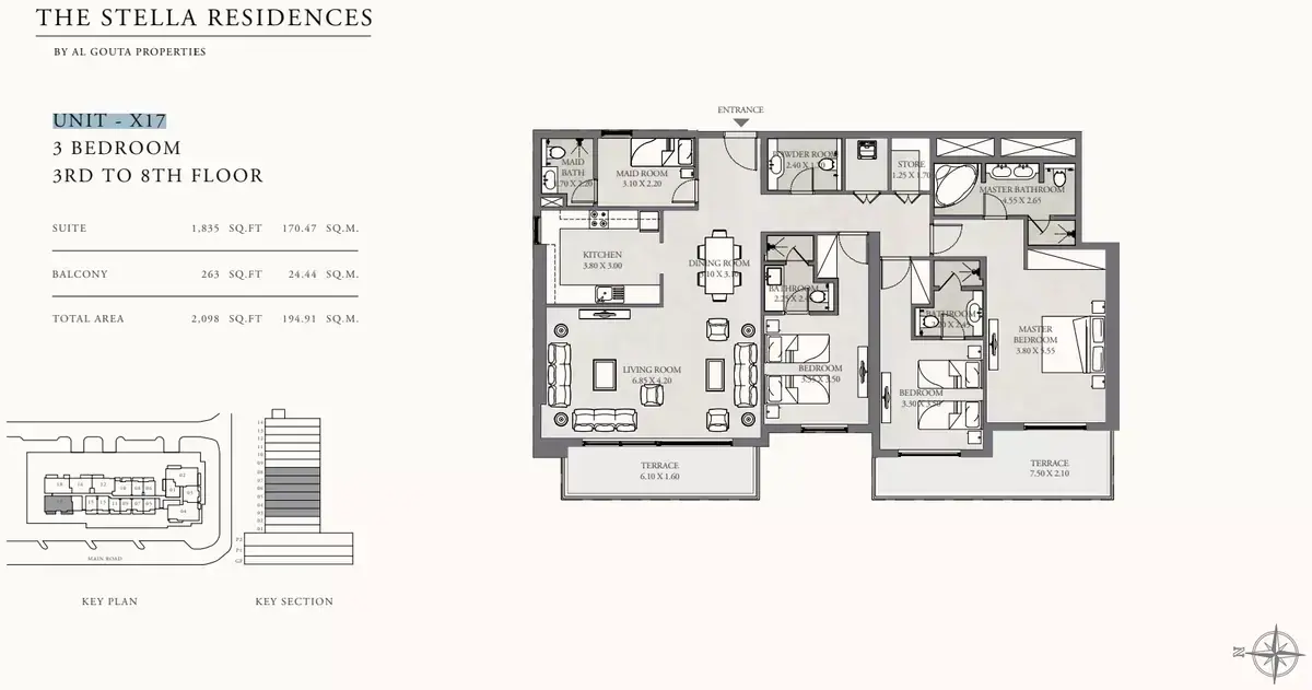 Планировка — 3-спальная, 195 м²