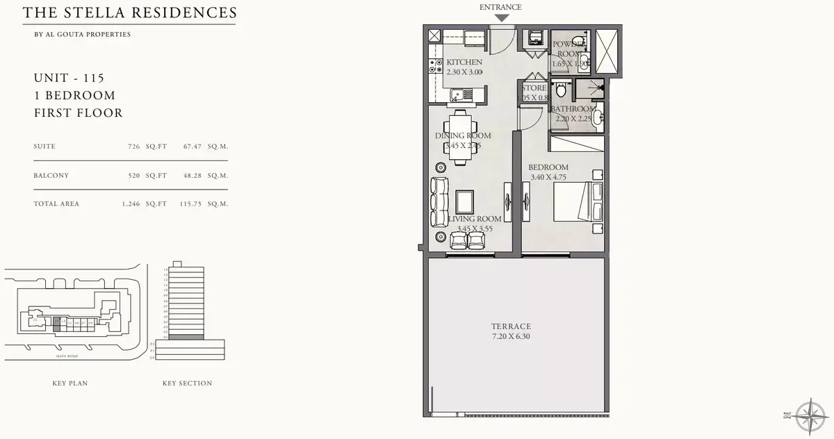Планировка — 1-спальная, 116 м²