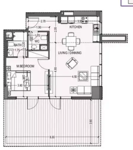 Планировка — 1-спальная, 102 м²