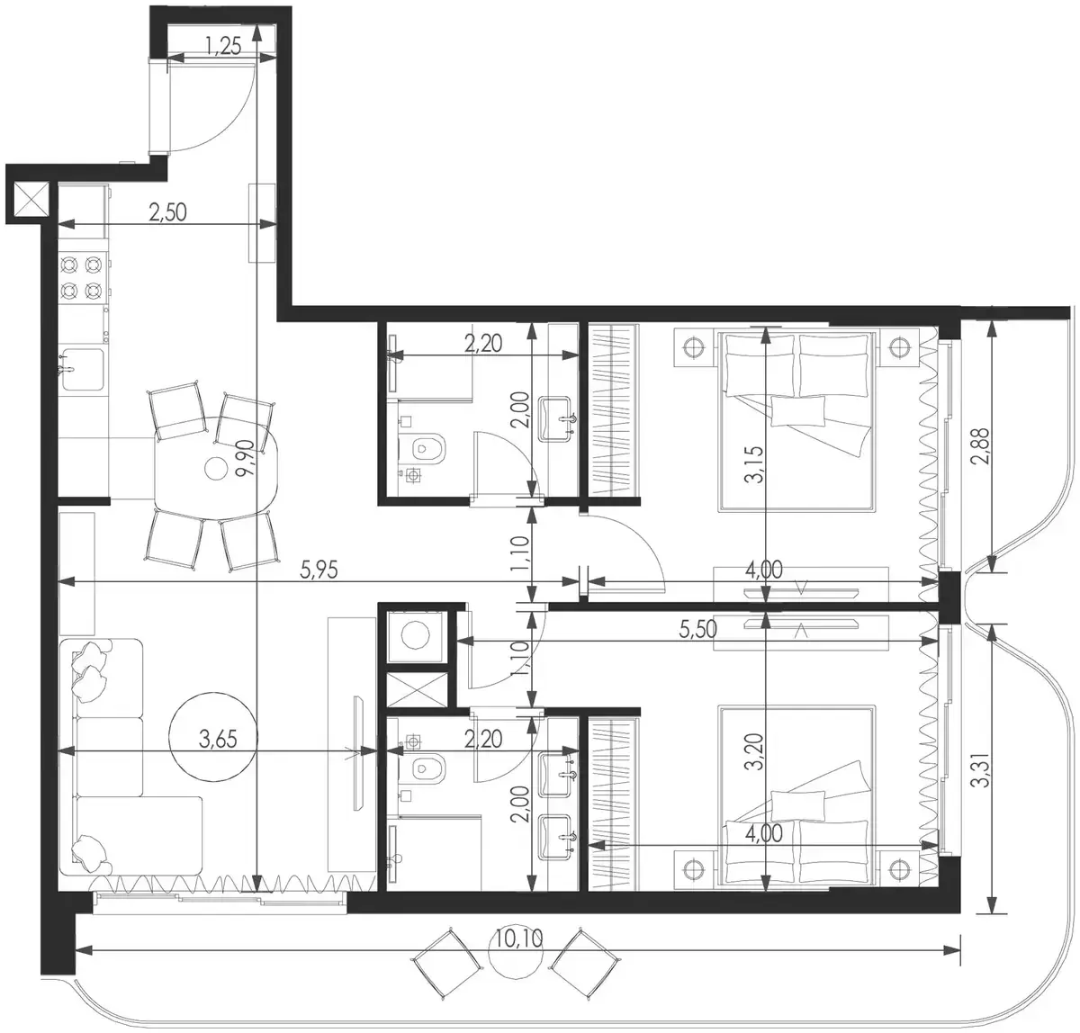 Планировка — 2-спальная, 100 м²