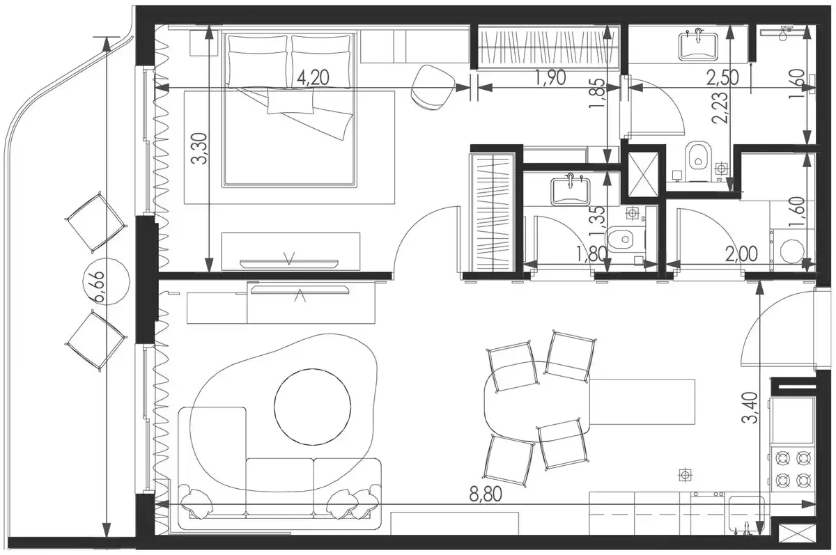 Планировка — 1-спальная, 75 м²