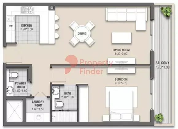 Планировка — 1-спальная, 85 м²